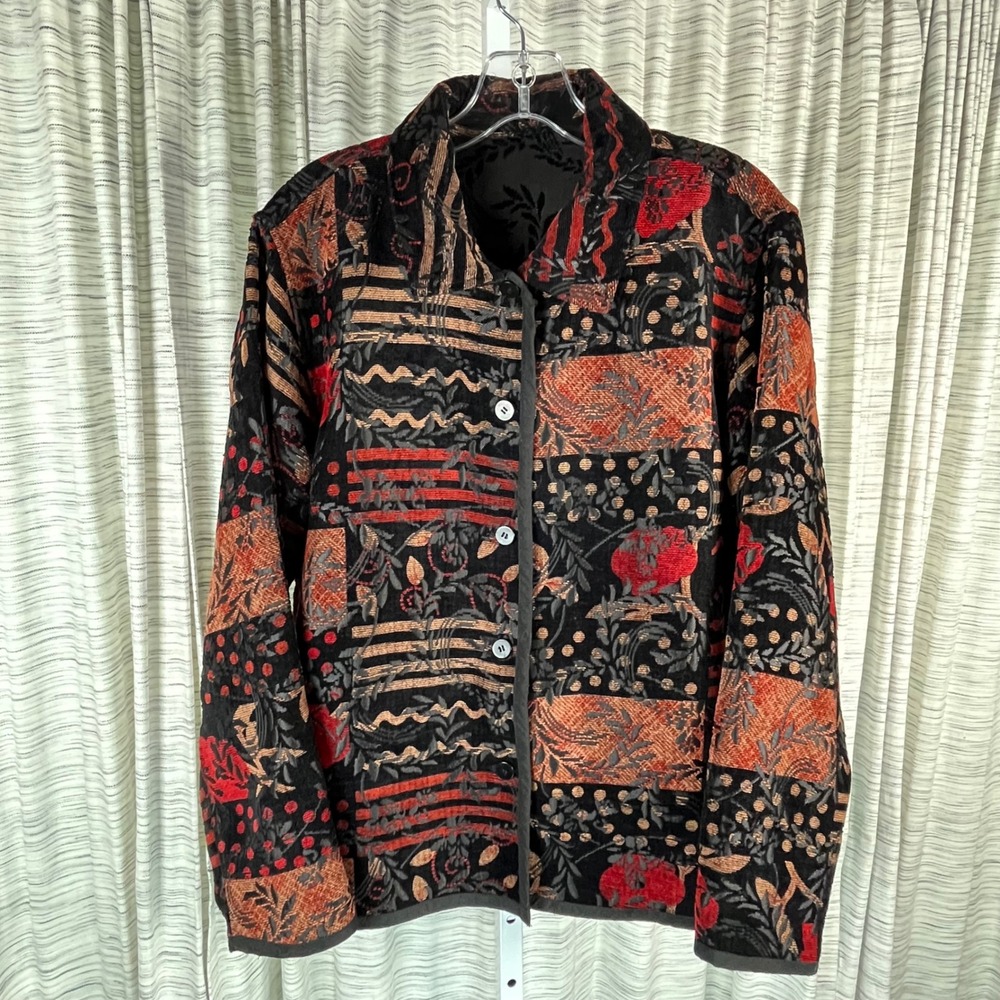 Vintage Reversible Tapestry Jacket Red Black Floral Patchwork Damask Jacquard
